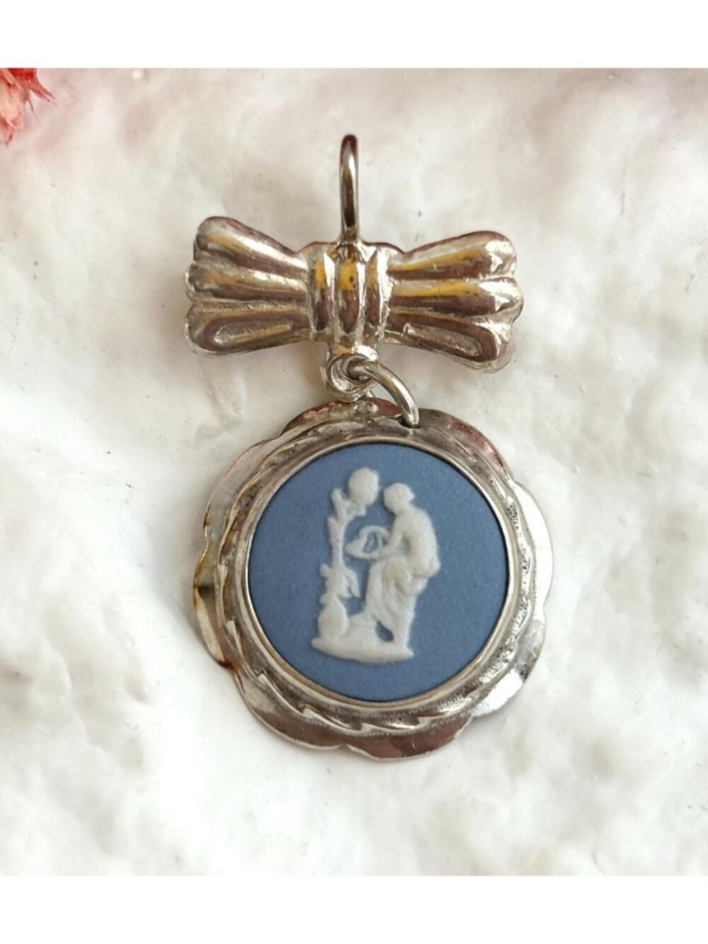 Wedgwood Ceramic Jasperware Cameo Ribboned Sterling Silver Vintage 925 Pendant
